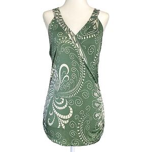 Y2K Vintage Paisley Swirl Draped Cowl Ruched Sage Green Wrap Tank Top Medium